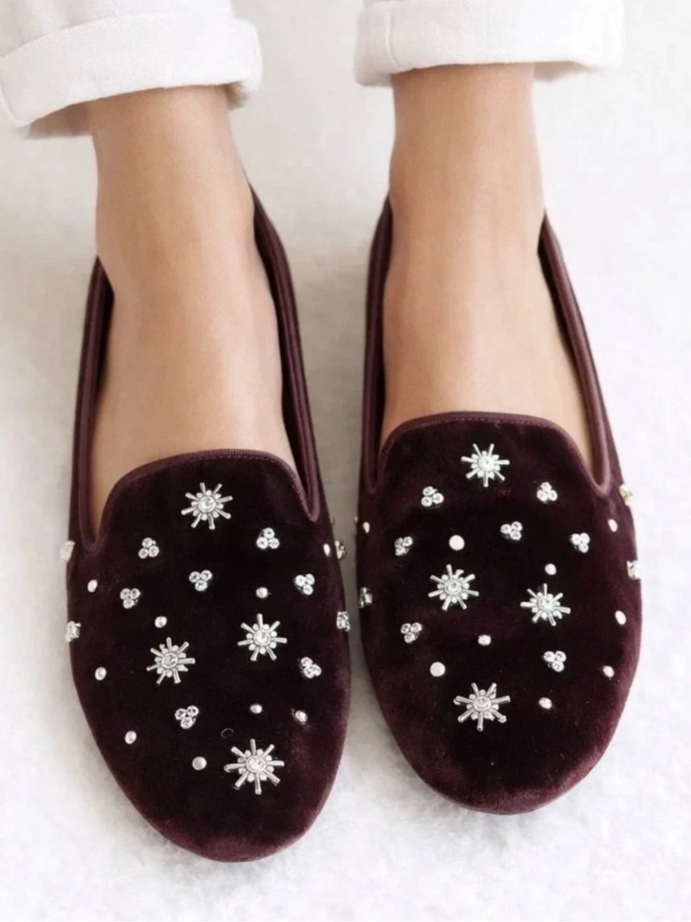 Birdies The Starling Maroon Crystal Velvet Loafer Slip On Flat Shoes Size 8